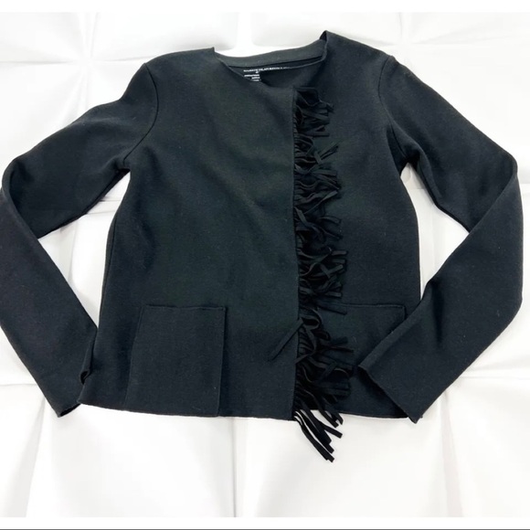 Majestic Filatures Dulion 1 Sz XS Merino Wool Fringed Leather Sweater Cardigan - Picture 1 of 9